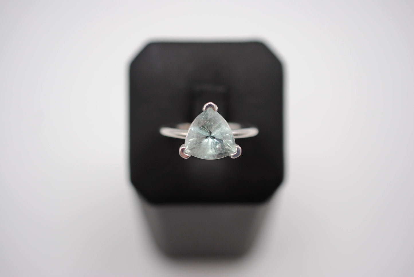 Aquamarine Ring: Trillion Cut, White Gold, V Prong Setting