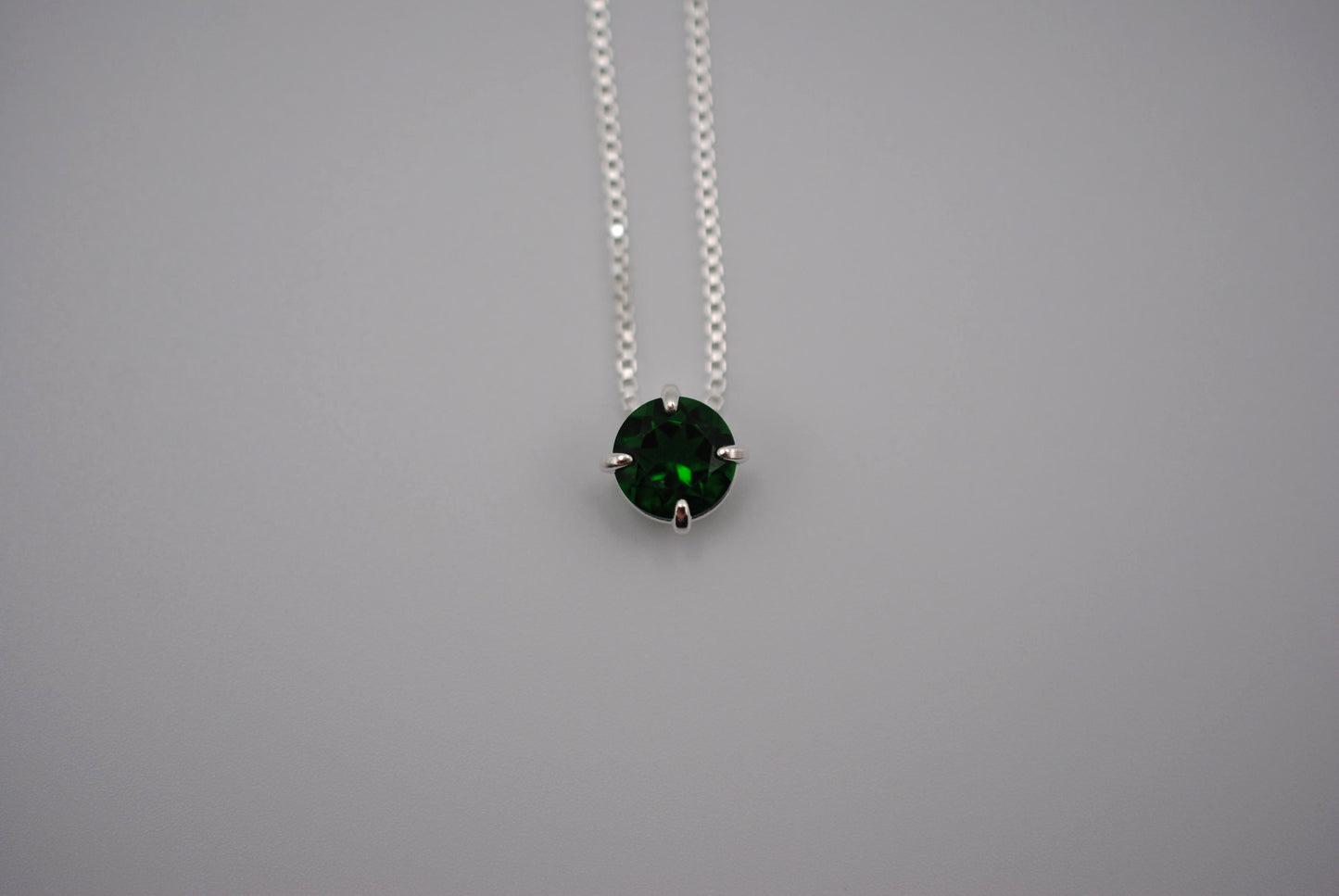 Birthstone Necklace: Round Emerald, Silver Prong Setting, Adjustable Chain