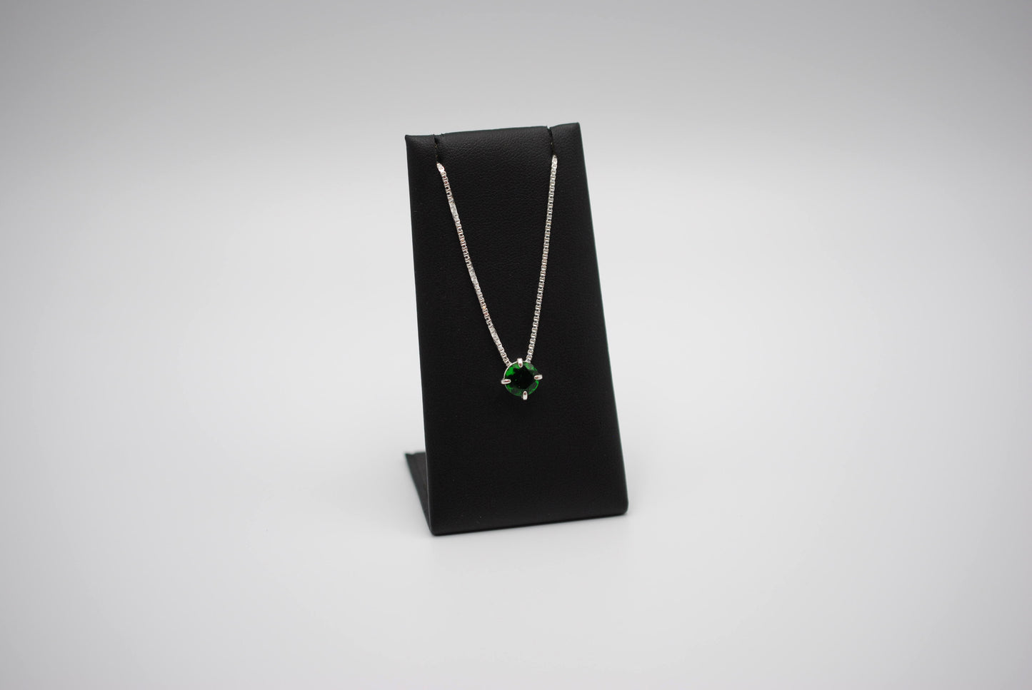 Birthstone Necklace: Round Emerald, Silver Prong Setting, Adjustable Chain