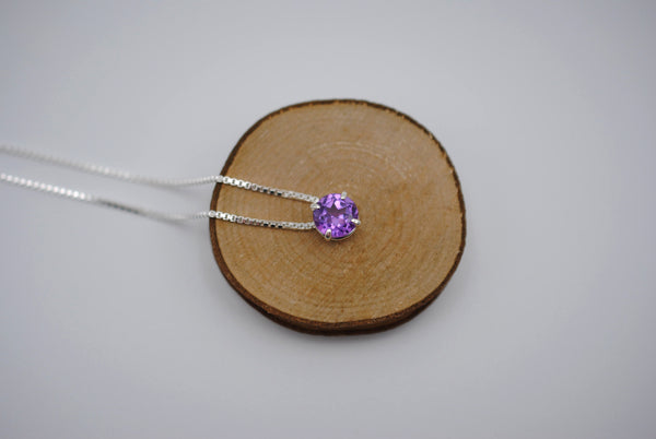 Birthstone Necklace: Round Amethyst, Silver Prong Setting, Adjustable Chain