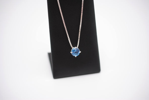 Birthstone Necklace: Round Aquamarine, Silver Prongs, Adjustable Chain