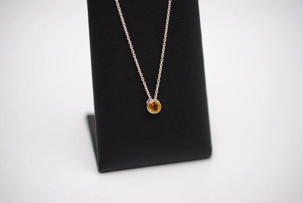 Birthstone Necklace: Round Citrine, Silver Bezel, on Cable Chain
