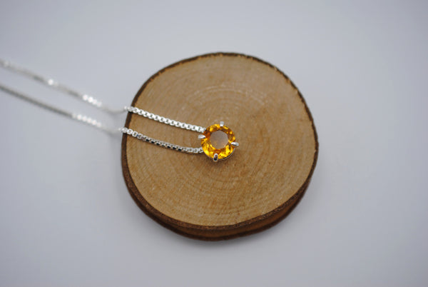 Birthstone Necklace: Round Citrine, Silver Prong Setting, Adjustable Box Chain