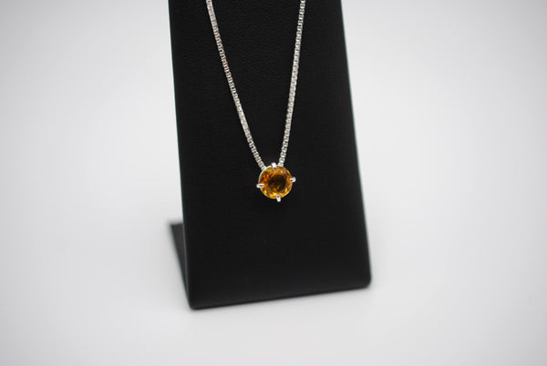 Birthstone Necklace: Round Citrine, Silver Prong Setting, Adjustable Box Chain