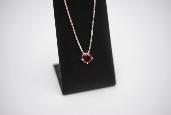 Birthstone Necklace: Round Garnet, Silver Prong Setting, Adjustable Chain