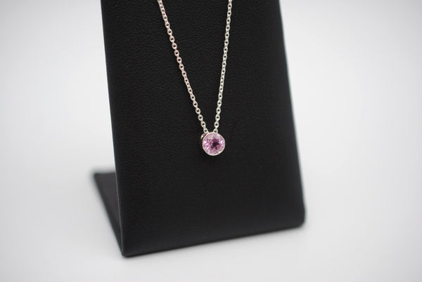 Birthstone Necklace: Round Pink Tourmaline, Silver Bezel, on Cable Chain