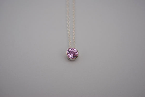 Birthstone Necklace: Round Pink Tourmaline, Silver Bezel, on Cable Chain