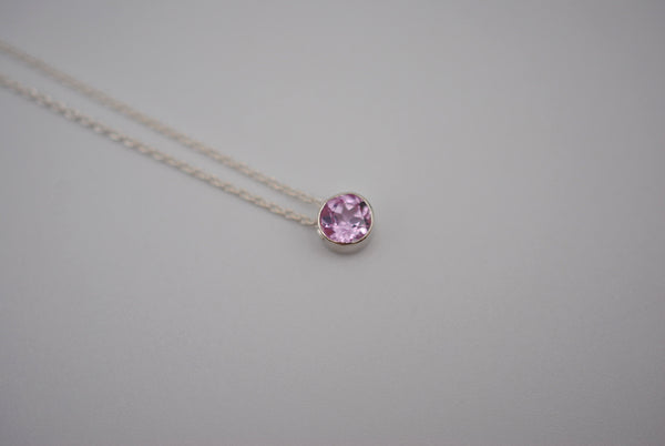 Birthstone Necklace: Round Pink Tourmaline, Silver Bezel, on Cable Chain