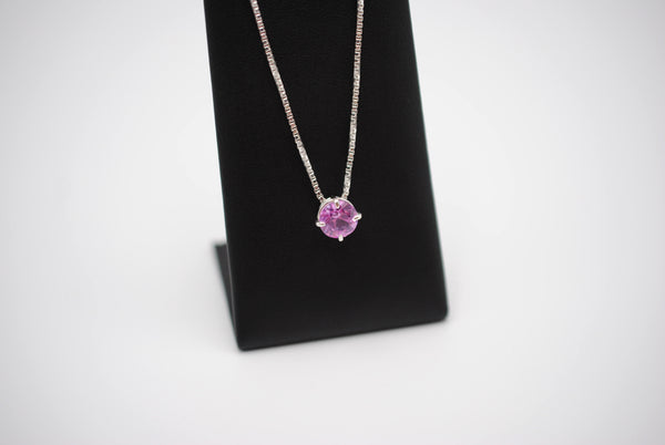 Birthstone Necklace: Round Pink Tourmaline, Silver Prong Setting, Adjustable Chain
