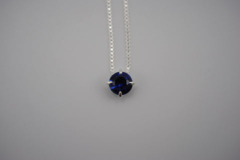 Birthstone Necklace: Round Sapphire, Silver Prong Setting, Adjustable Box Chain