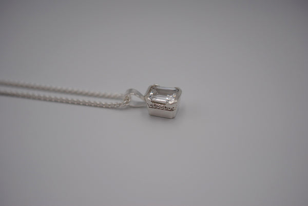 Cubic Zirconia Necklace: Emerald Cut, Silver Half Bezel, Adjustable Wheat Chain