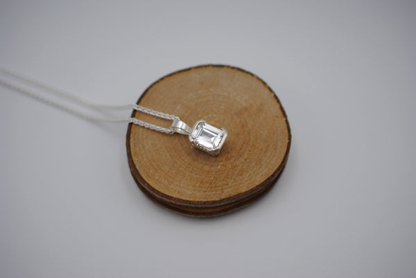 Cubic Zirconia Necklace: Emerald Cut, Silver Half Bezel, Adjustable Wheat Chain