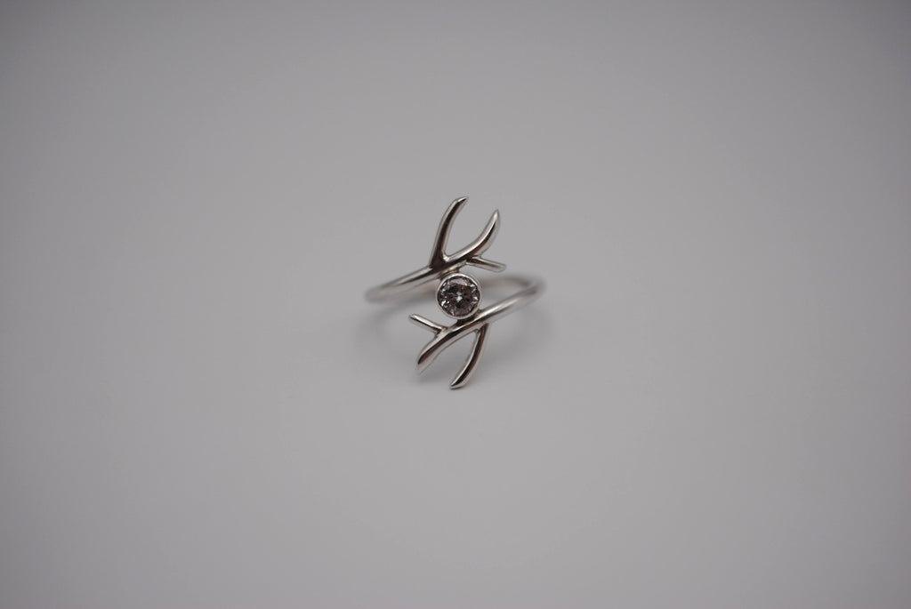 Cubic Zirconia Ring: Round Cut, Branch Band, Bezel, Rhodium Finished