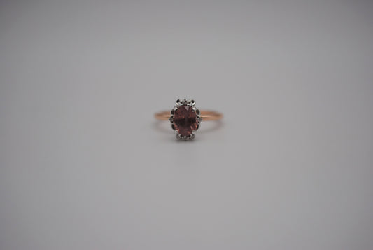 Malaia Garnet Ring: Oval Cut, Rose Gold Fill Band, White Gold Vintage Diamond Setting