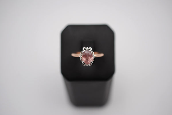 Malaia Garnet Ring: Oval Cut, Rose Gold Fill Band, White Gold Vintage Diamond Setting