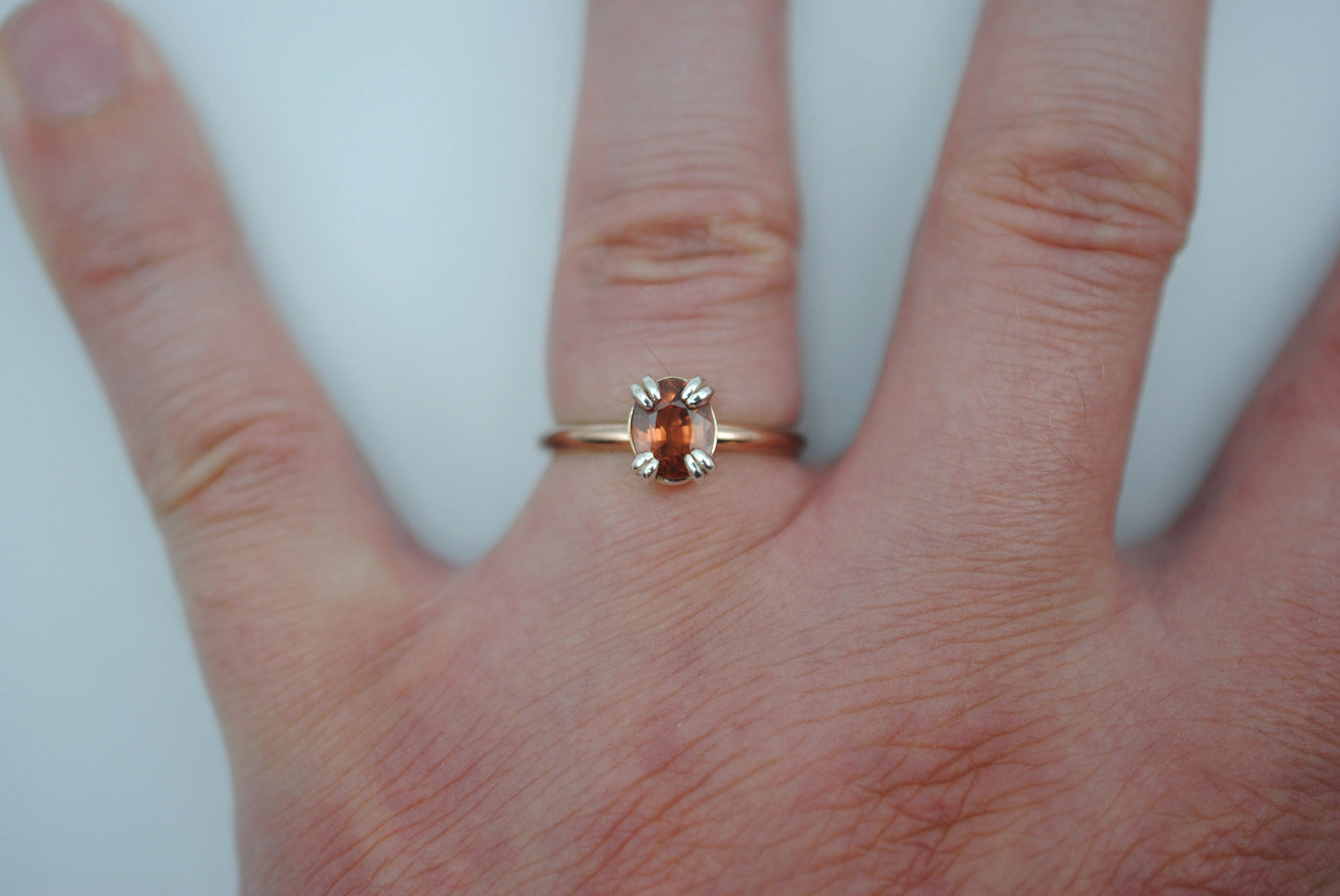 Garnet Ring: Oval Cut, Rose Gold Fill, Double Prong Silver Setting