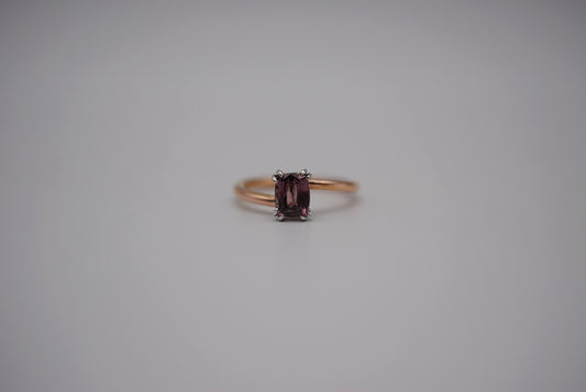 Malaia Garnet Ring: Emerald Cut, Rose Gold Bypass Band, White Gold Setting