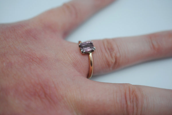 Malaia Garnet Ring: Emerald Cut, Rose Gold Bypass Band, White Gold Setting