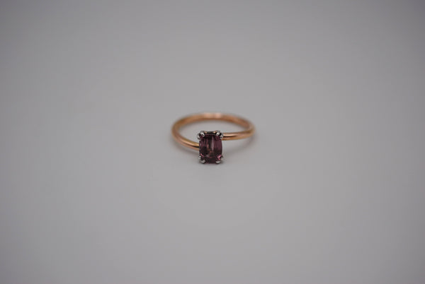Malaia Garnet Ring: Emerald Cut, Rose Gold Bypass Band, White Gold Setting