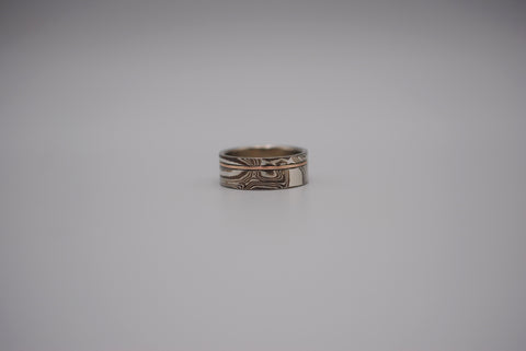 Mokume Gane Ring Band - Silver & Copper, Rose Gold Inlay, 7.5mm Width