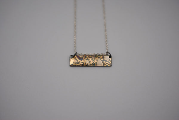 Mokume Gane Bar Necklace: Yellow Gold, Rose Gold, White Gold & Silver, Cable Chain