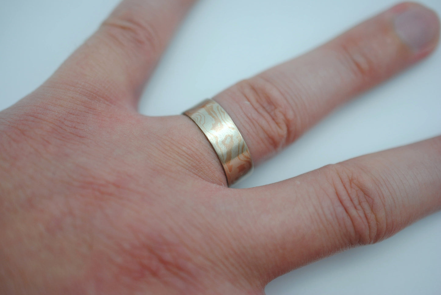 Mokume Gane Ring Band: Rose Gold & Silver, 7mm Wide