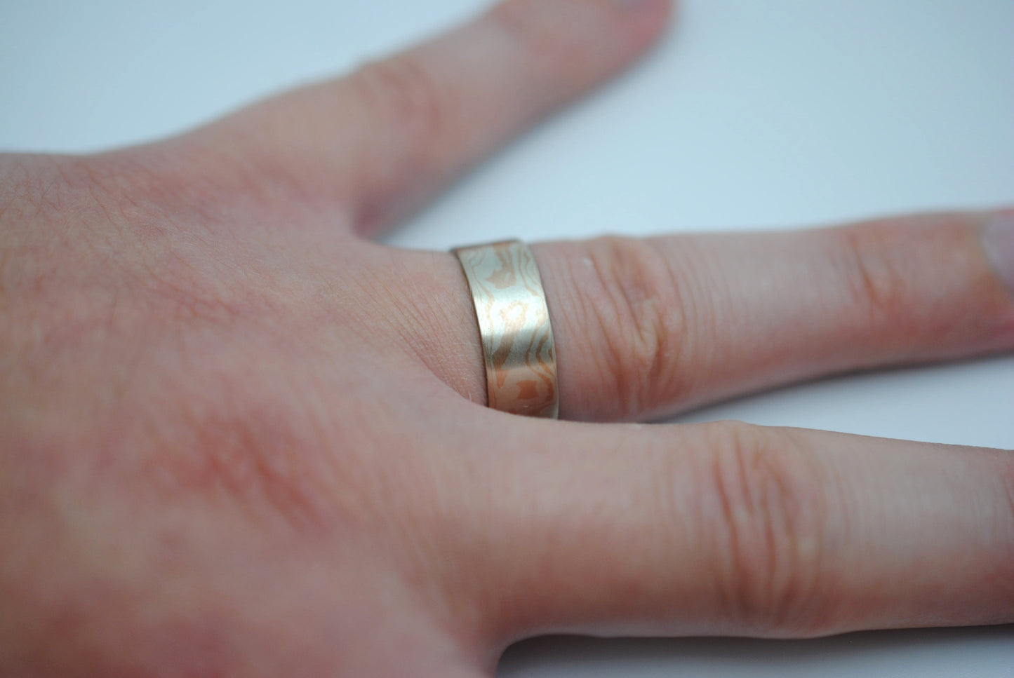 Mokume Gane Ring Band: Rose Gold & Silver, 7mm Wide