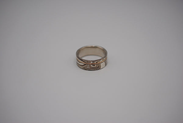 Mokume Gane Ring Band: Silver, Copper & Shibuichi, Rose Gold Inlay, 7.5mm Width