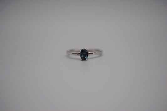 Sapphire Ring: Oval Cut, Hammered Band, Rhodium Finished