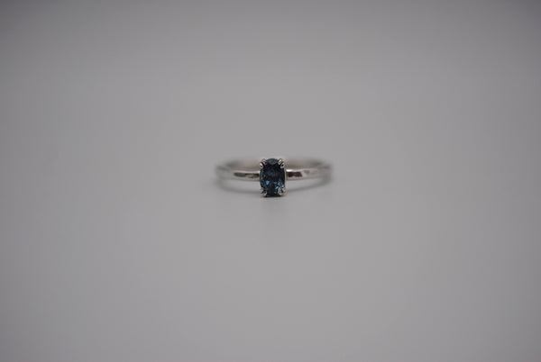 Sapphire Ring: Oval Cut, Hammered Band, Rhodium Finished