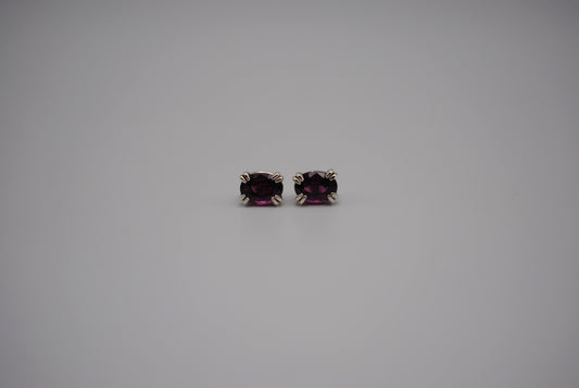 Garnet Post Earrings: Oval Cut, Rhodolite, Silver, Double Prong Setting