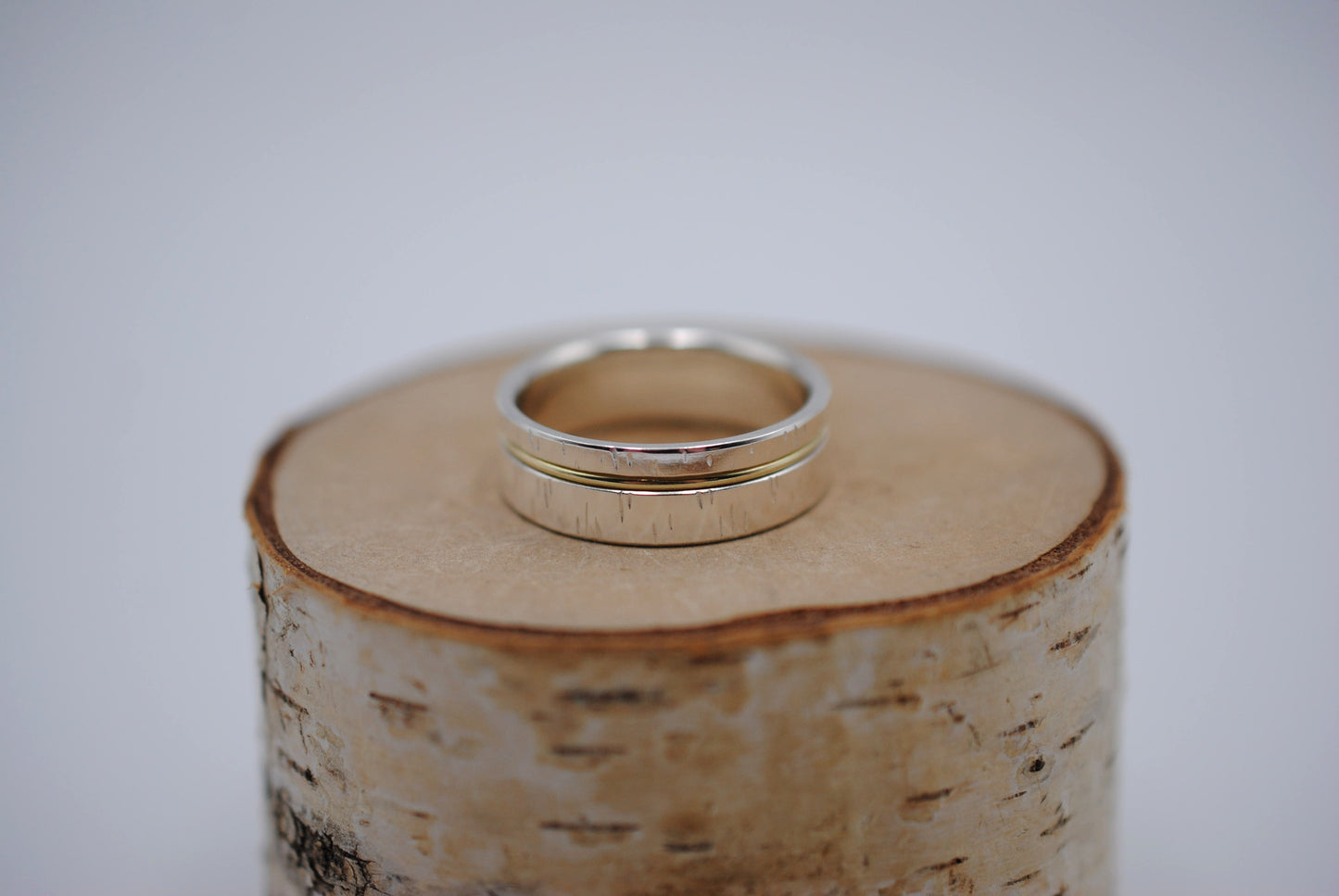 Ring Band: Birch Texture, Yellow Gold Inlay, 7mm Width