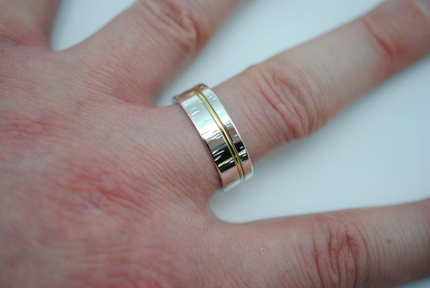 Ring Band: Birch Texture, Yellow Gold Inlay, 7mm Width