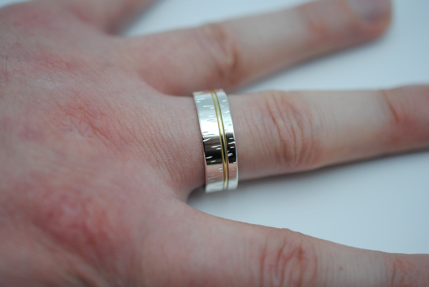 Ring Band: Birch Texture, Yellow Gold Inlay, 7mm Width