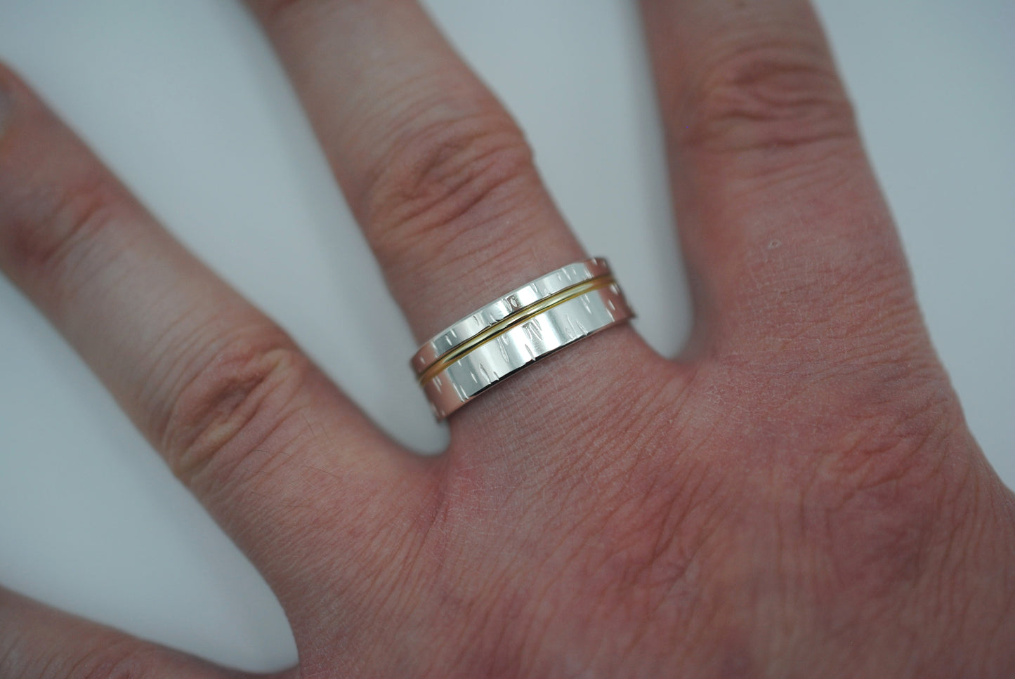 Ring Band: Birch Texture, Yellow Gold Inlay, 7mm Width