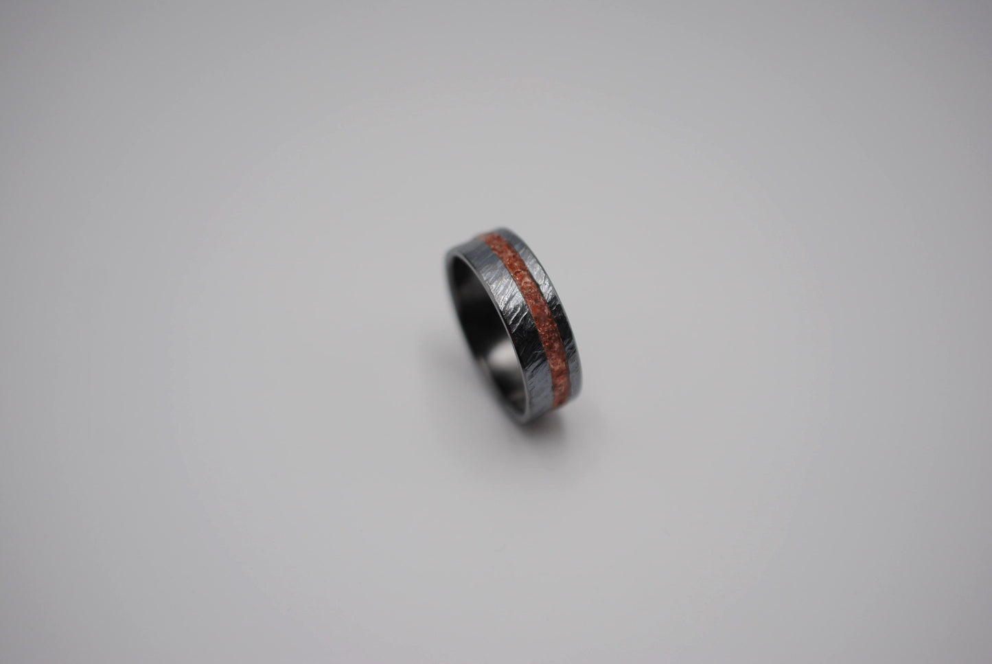 Ring Band: Garnet Resin Inlay, Bark Texture, Blackened Silver