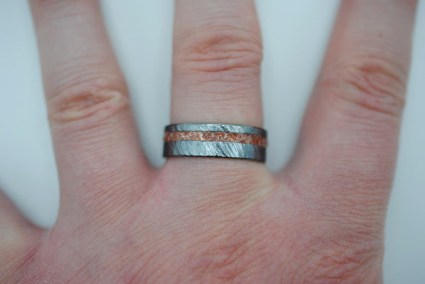 Ring Band: Garnet Resin Inlay, Bark Texture, Blackened Silver