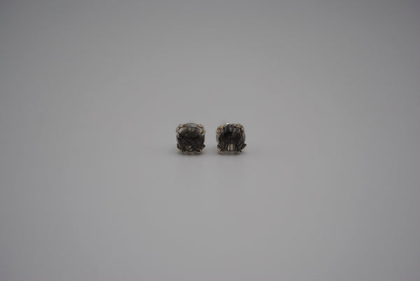 Rutilated Quartz Post Earrings: Round Cut, Silver, Double Prong Setting