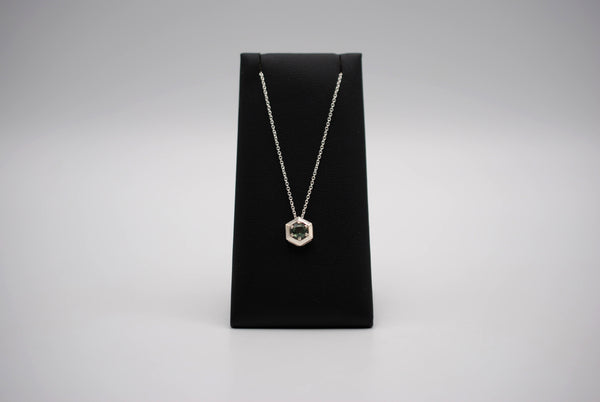 Sapphire Necklace: Round Cut, Silver Hexagon Setting, on Cable Chain