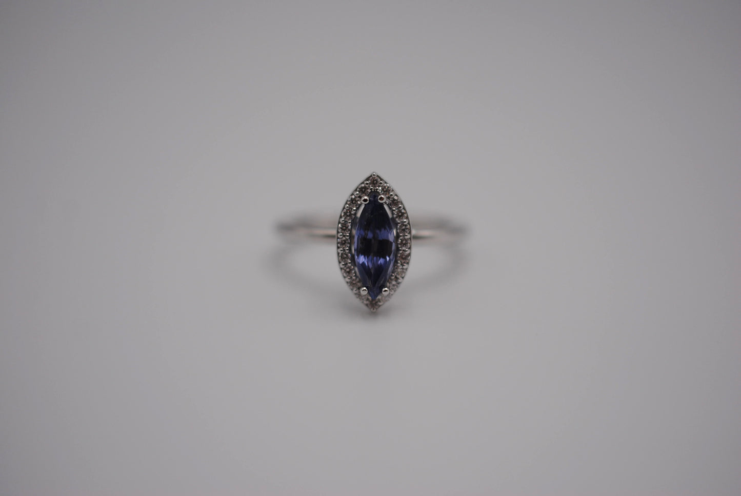 Sapphire Ring: Marquise Cut, Diamond Halo, White Gold