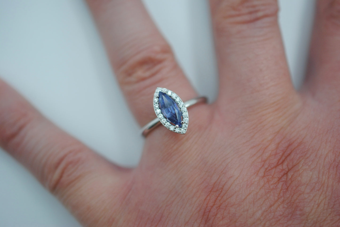 Sapphire Ring: Marquise Cut, Diamond Halo, White Gold