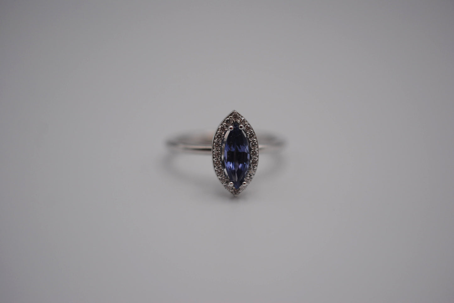 Sapphire Ring: Marquise Cut, Diamond Halo, White Gold