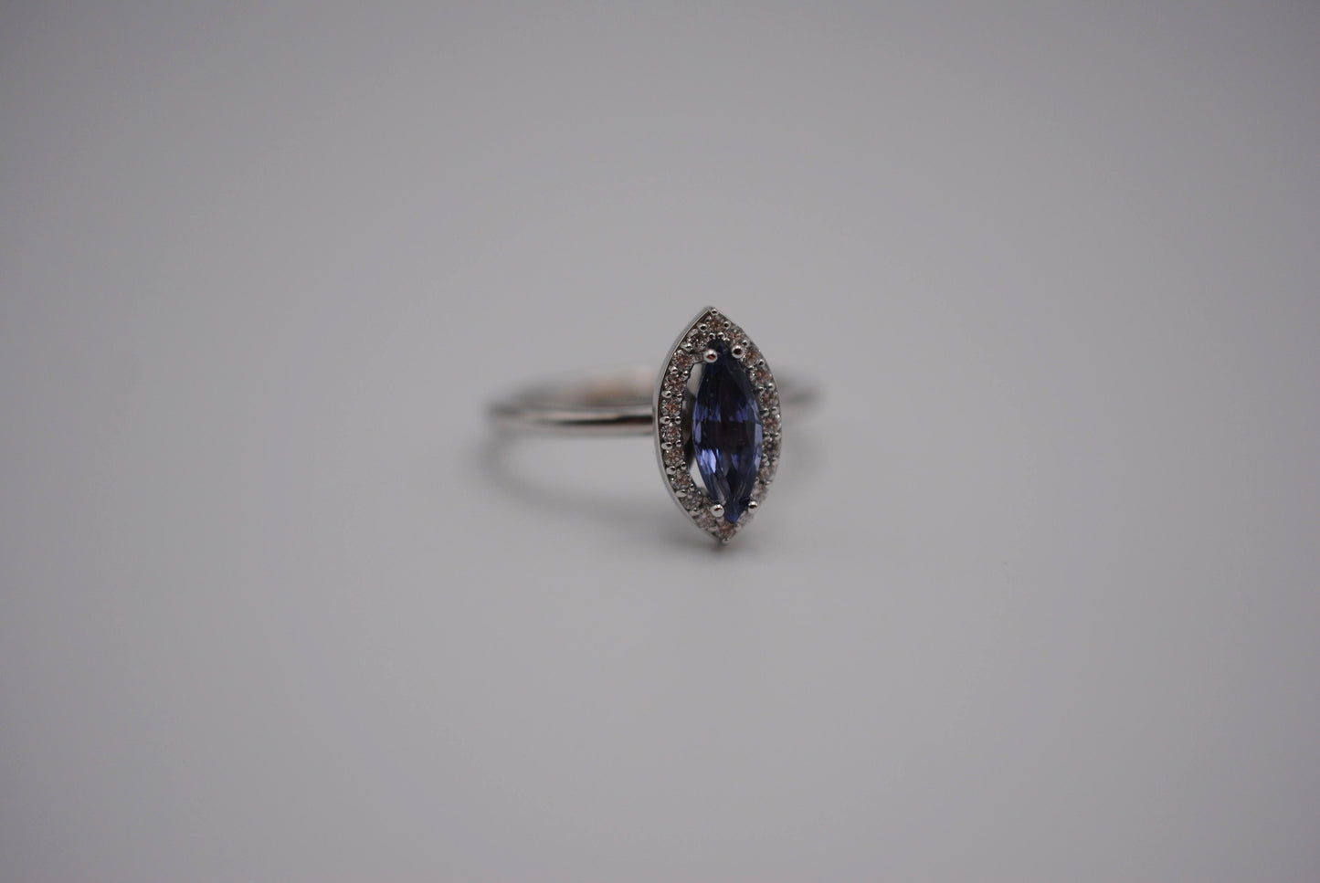 Sapphire Ring: Marquise Cut, Diamond Halo, White Gold