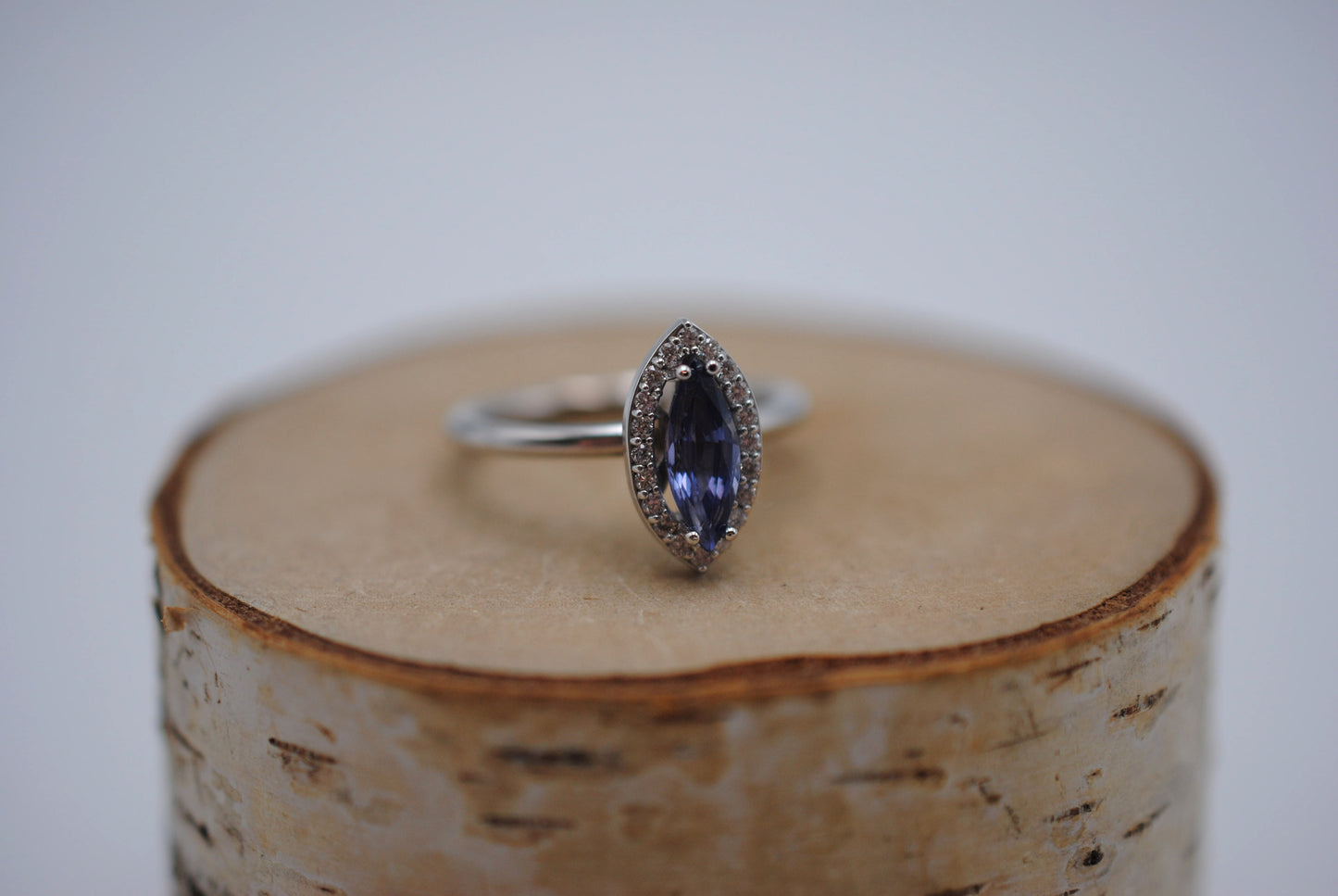 Sapphire Ring: Marquise Cut, Diamond Halo, White Gold