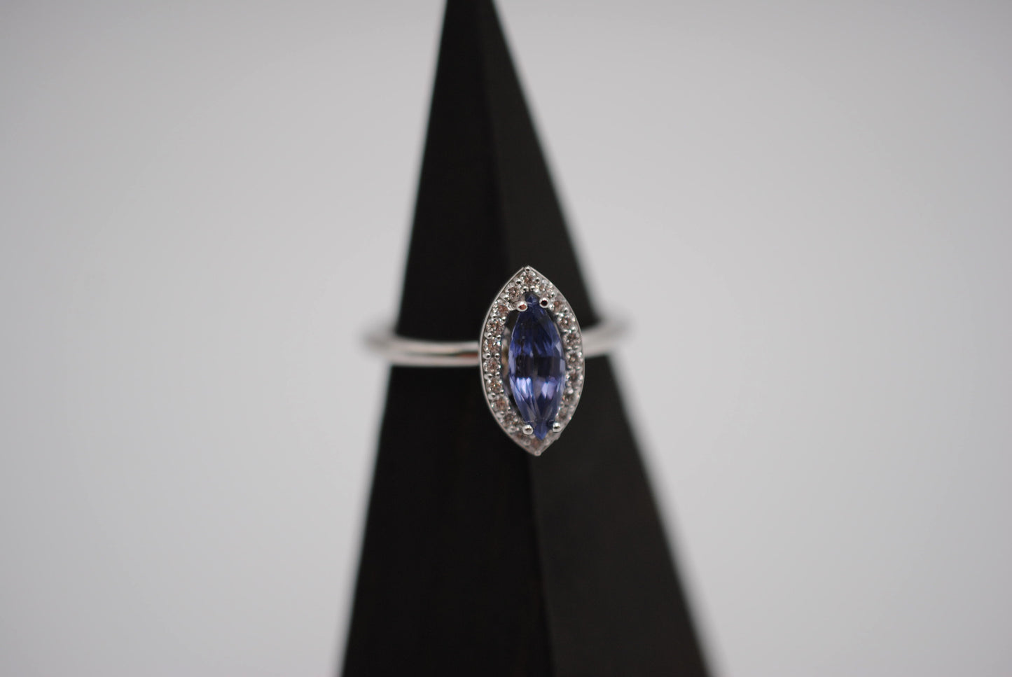 Sapphire Ring: Marquise Cut, Diamond Halo, White Gold