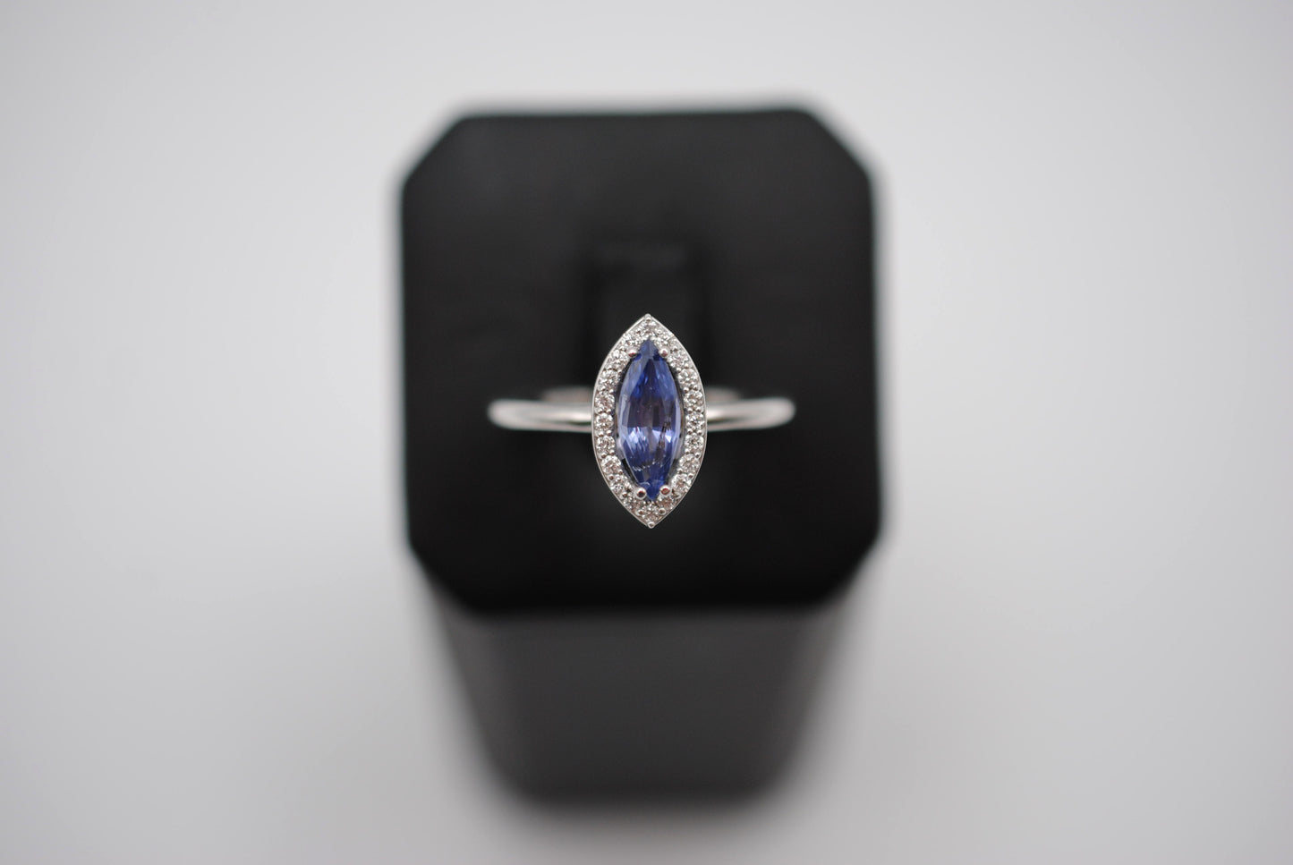 Sapphire Ring: Marquise Cut, Diamond Halo, White Gold