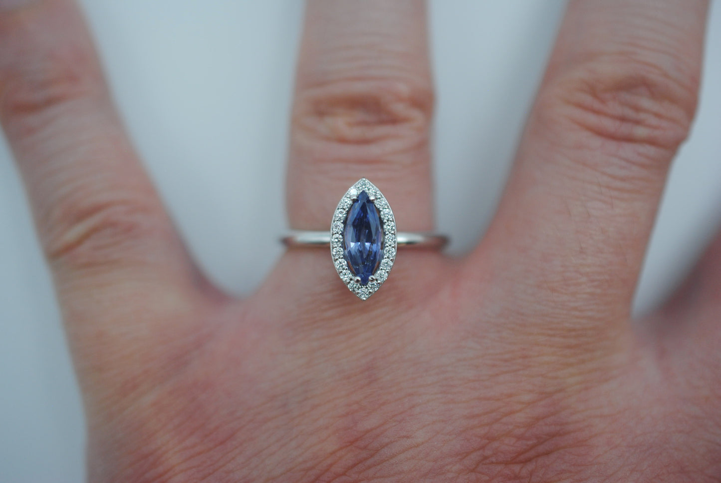 Sapphire Ring: Marquise Cut, Diamond Halo, White Gold