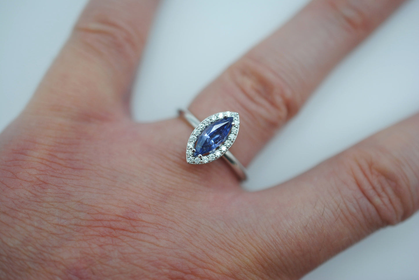 Sapphire Ring: Marquise Cut, Diamond Halo, White Gold