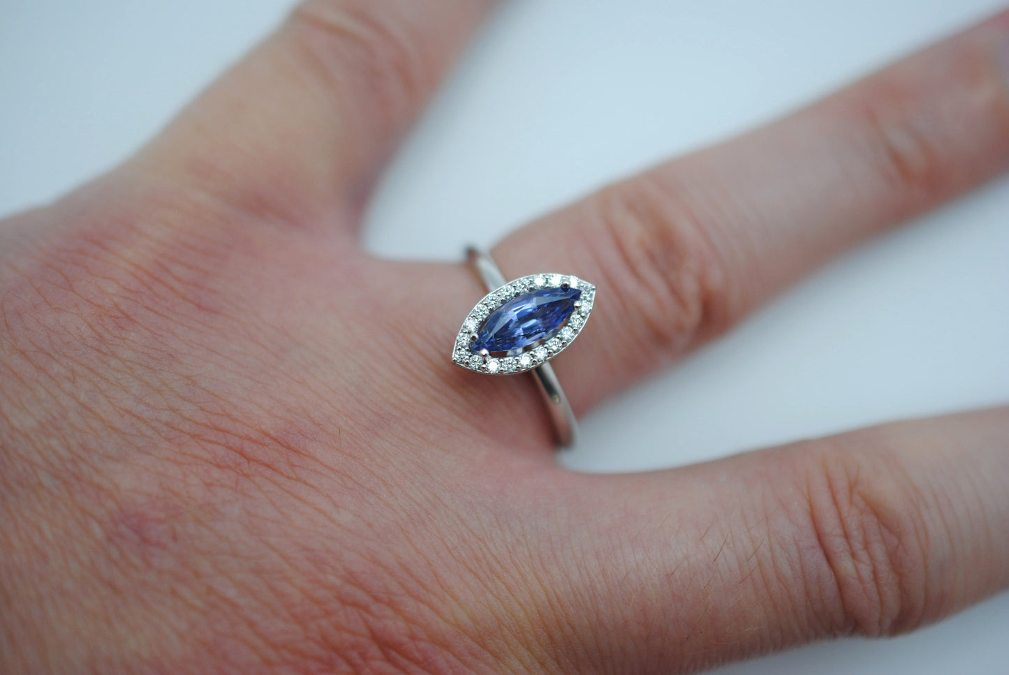 Sapphire Ring: Marquise Cut, Diamond Halo, White Gold