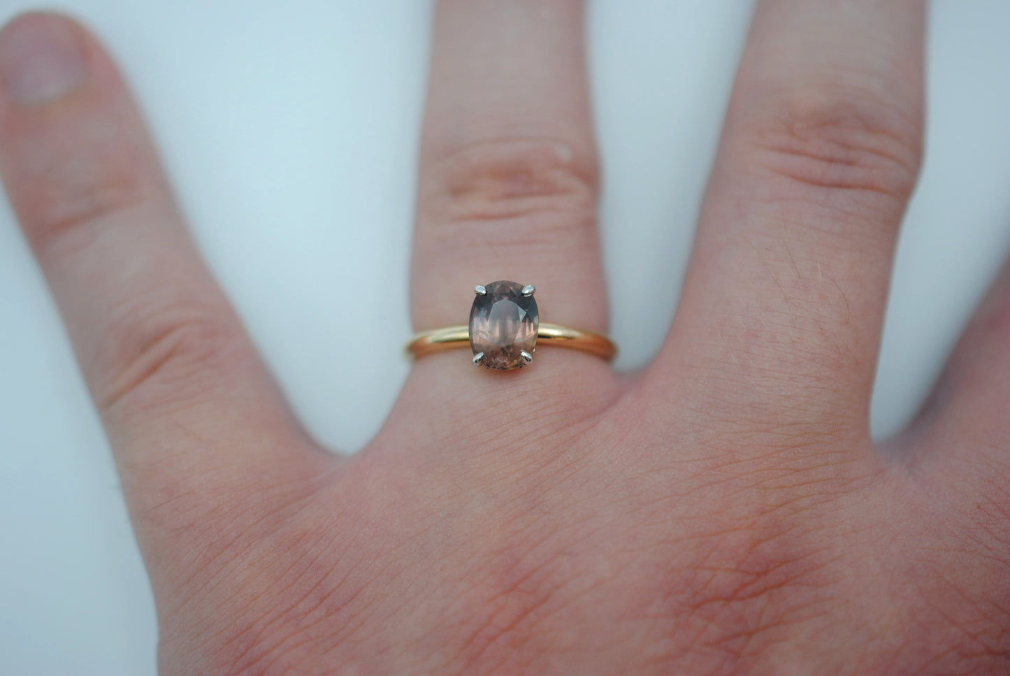 Sapphire Ring: Oval Cut, Yellow Gold Band, White Gold Setting